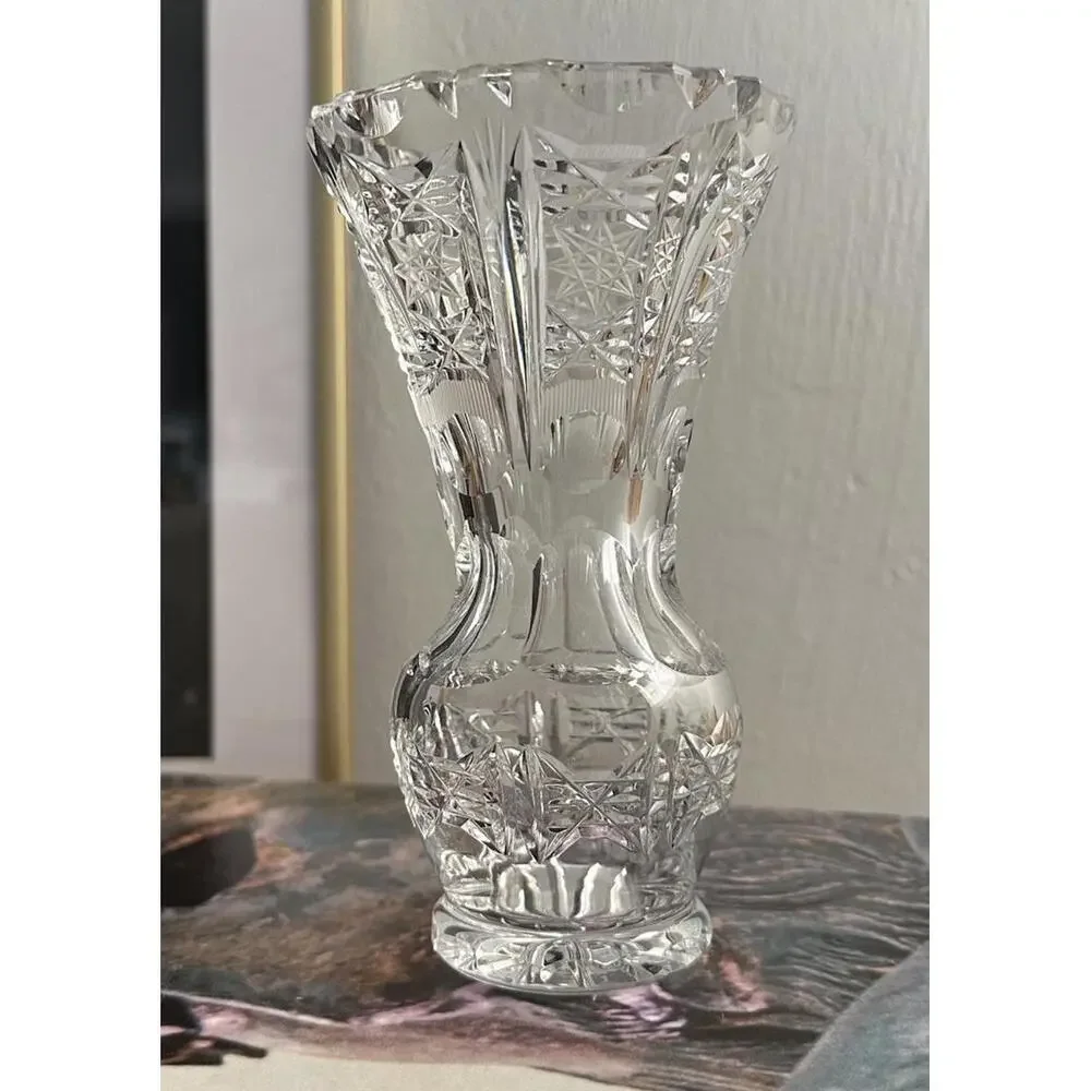 Vintage Etched Clear Cut Crystal Lead Vase Hand Cut Heavy Weight
